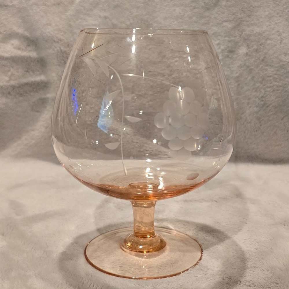 Vtg Pink Depression Glass Brandy Snifter Etched Grape Leaf Design Footed Goblet